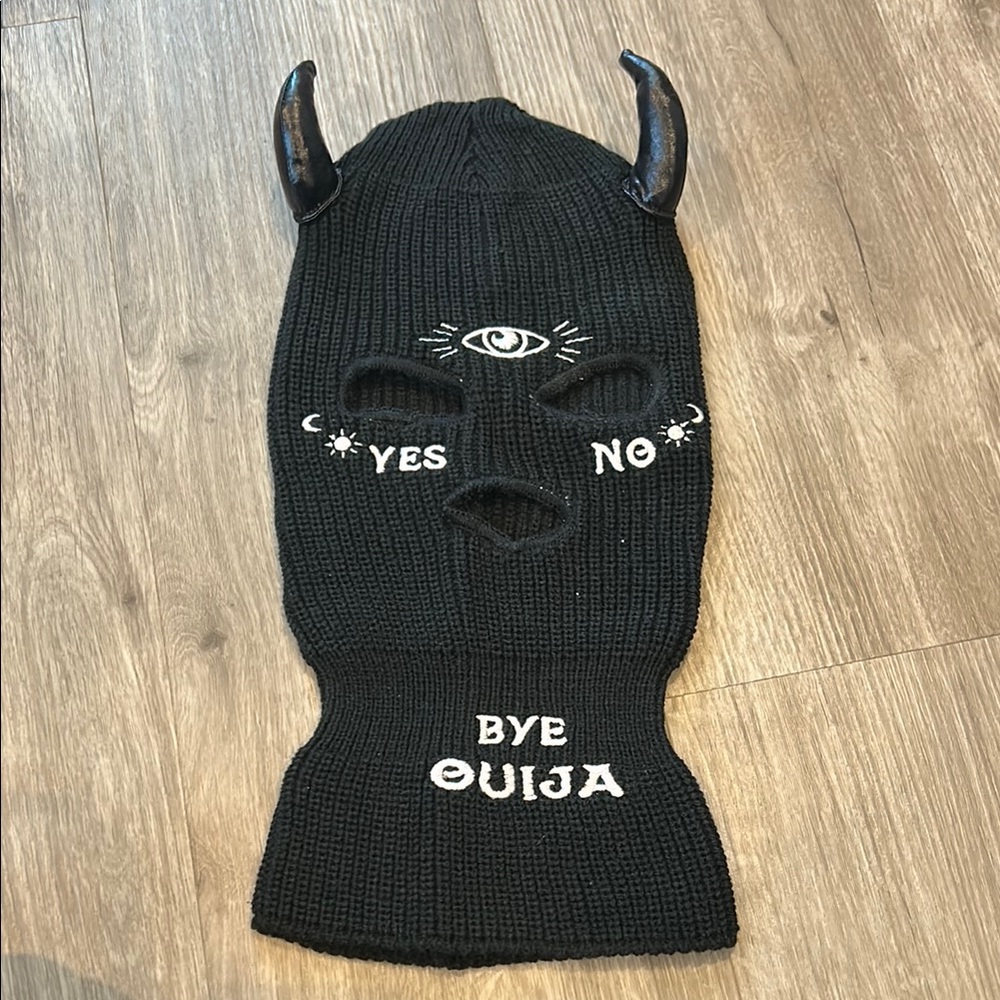 Black Knit Balaclava with Horns and Embroidery